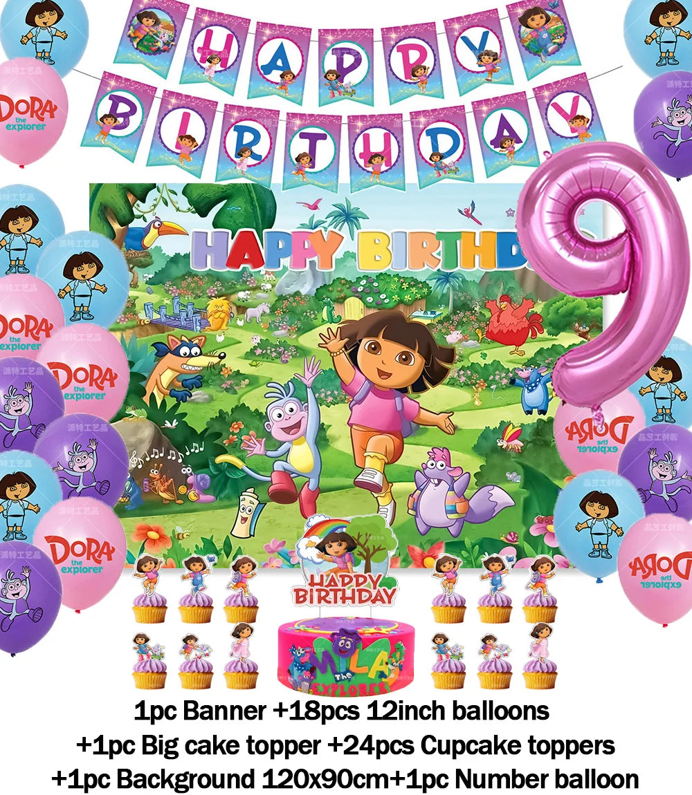 Cartoon-Dora-The-Explorer Theme Kids Birthday Party Digital Balloon Banner Background Cake Topper Decoration Supplies Baby Gifts