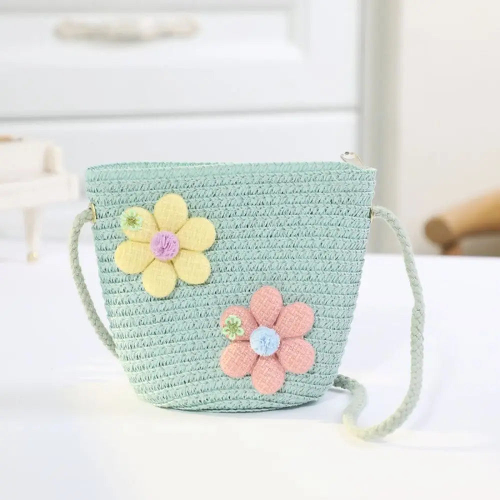 Handmade Woven Girl Flower Straw Bag Coin Purse Zipper Kid Messenger Bags Photo Props Storage Basket Crossbody Handbag