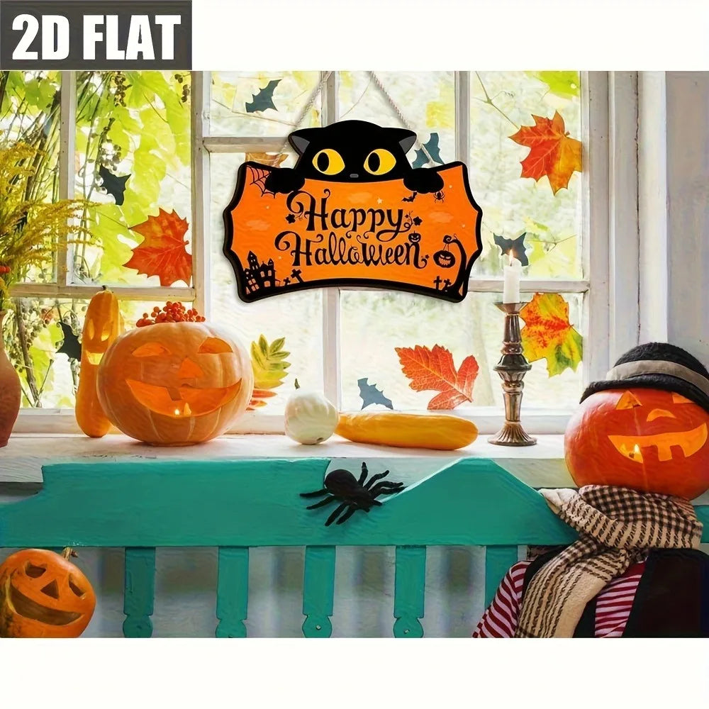 Black Cat Shaped Happy Halloween Wooden Hanging Sign Pumpkin Bat Spider Castle Print Front Door Plaque for Halloween Porch Decor
