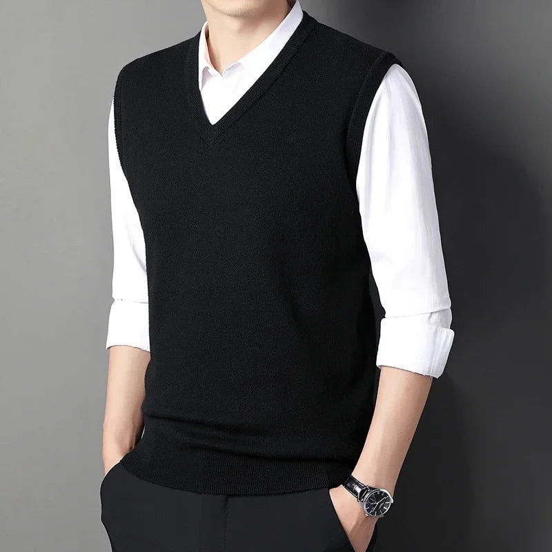 2026 Autumn Winter New Men's Solid Color V-neck Knitted Vest Casual Fashion Warm Sweater Versatile Top