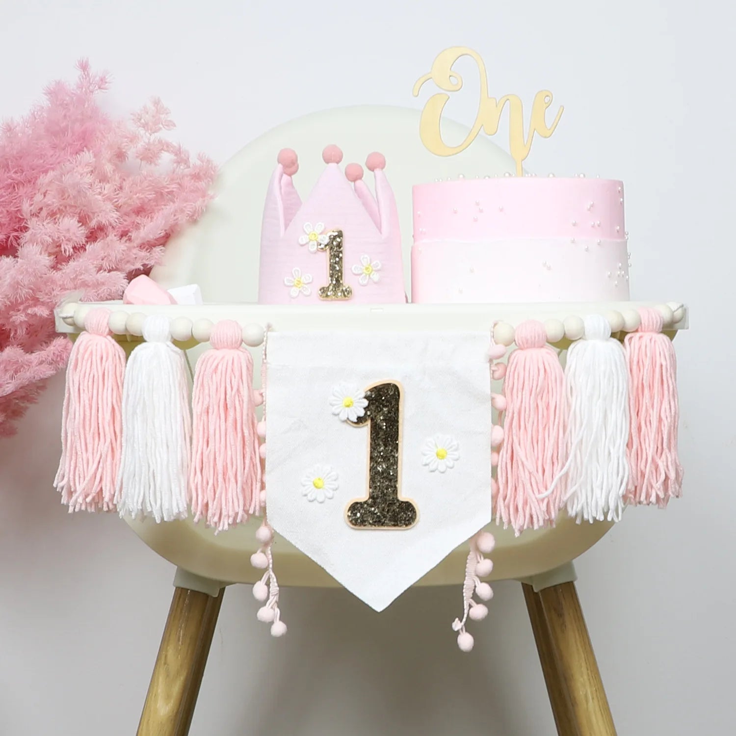 Boho 1st Birthday High Chair Banner Pink Party Decoration For Girl Baby Shower Wall Hangings Decorative For Kids Bedroom