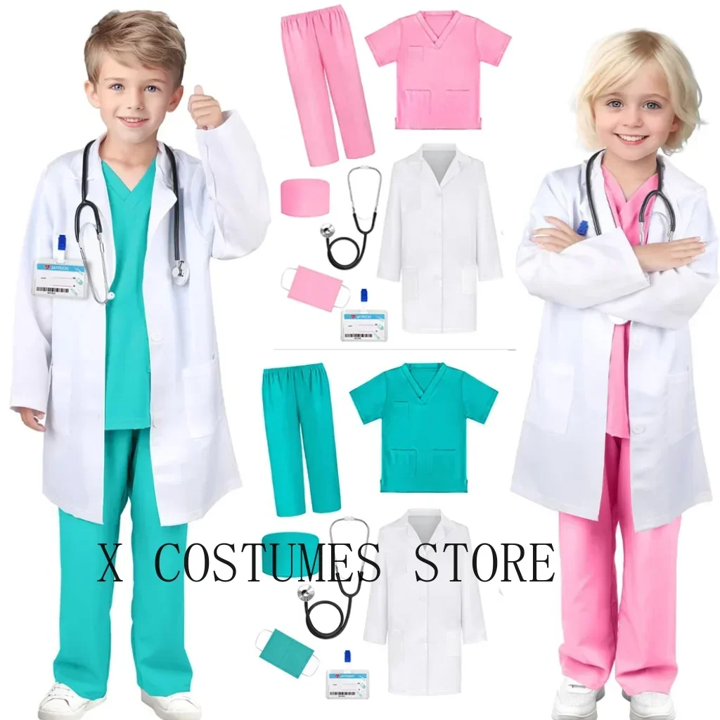 Kid's Doctor Cosplay Nurse Costume Nurse Suit Doctor's V Neck Surgical Suit Boys Girls Halloween Party Epidemic Role Clothing