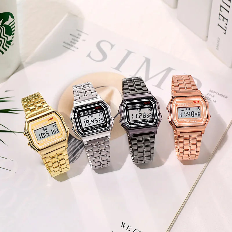 Rose Gold Digital Sports Watch – Retro Electronic Wristwatch