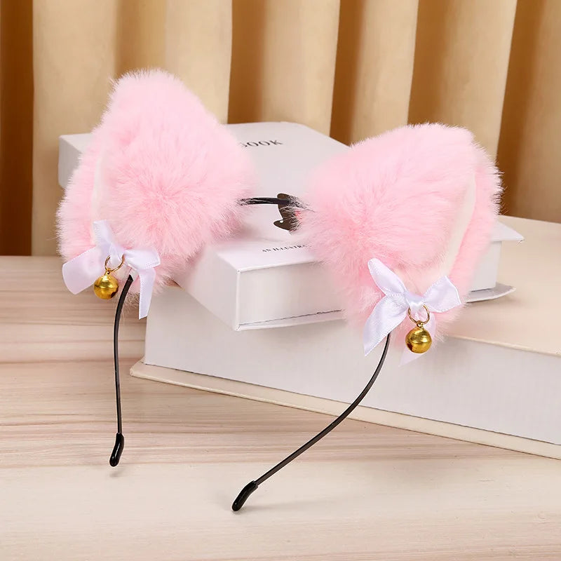 Plush Rabbit Sexy Cat Ears Headband for Women Girls Lace Bow Necklace Plush Bell Hairband Cosplay Masquerade-Party Costume Hair
