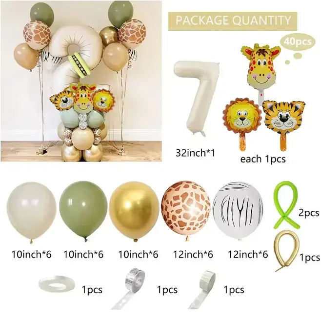 40 pieces new jungle retro animal balloons for kids birthday number 12345  party decoration set with digital columns Tiger Lion
