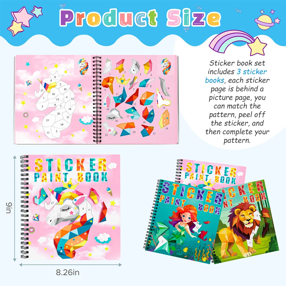 1-6PCS Sticker Book For Kids Unicorn Sticker Paint Book Mermaid Children's Sticker By Number For Birthday Gift Girls Stationery