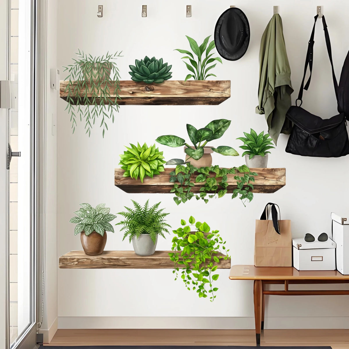 Green Plant Wall Sticker Waterproof Vinyl Wall Decal with Potted Plants for Bedroom, Living Room, Kitchen, Entryway Home Decor