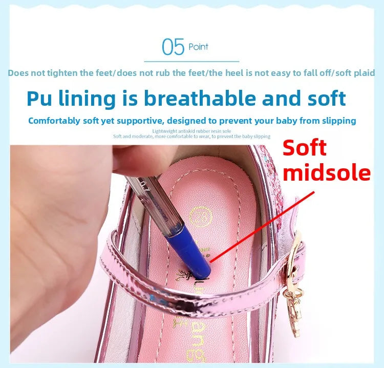 Princess Kids Leather Shoes for Girls Flower Casual Glitter Children High Heel Girls Shoes Butterfly Knot Blue Pink Silver