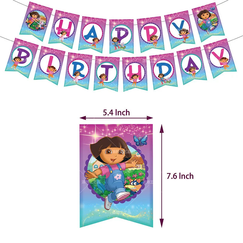 Cartoon-Dora-The-Explorer Theme Kids Birthday Party Digital Balloon Banner Background Cake Topper Decoration Supplies Baby Gifts
