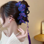 New Chinese Style Kniting Butterfly Hair Claws Women's Purple Long Flower Tassel Shark Grab Clips Vintage Hanfu Headpiece W