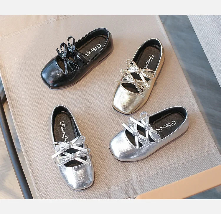 Kids Square Dance Performance Shoes Black Solid Color Girls Princess Shoe with Double Bow 2024 New Girls Leather Shoes Soft Sole