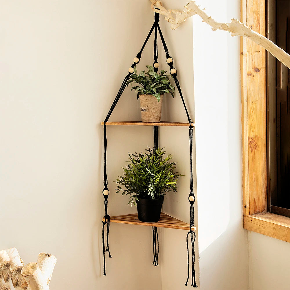 1/2/3-tier Floating Wall Shelf Wood Triangle Corner Display Stand Boho Home Decoration Living Room Bedroom Wall Hanging Decor