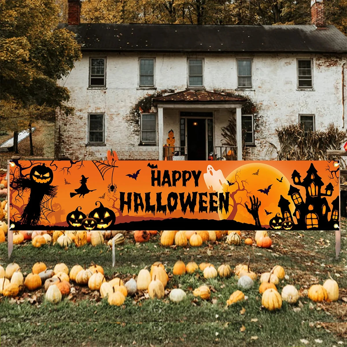 Happy Halloween Outdoor Banner Happy Halloween Decoration For Home Pumpkin Bat Print Backdrop Horror Theme Party Suppiles