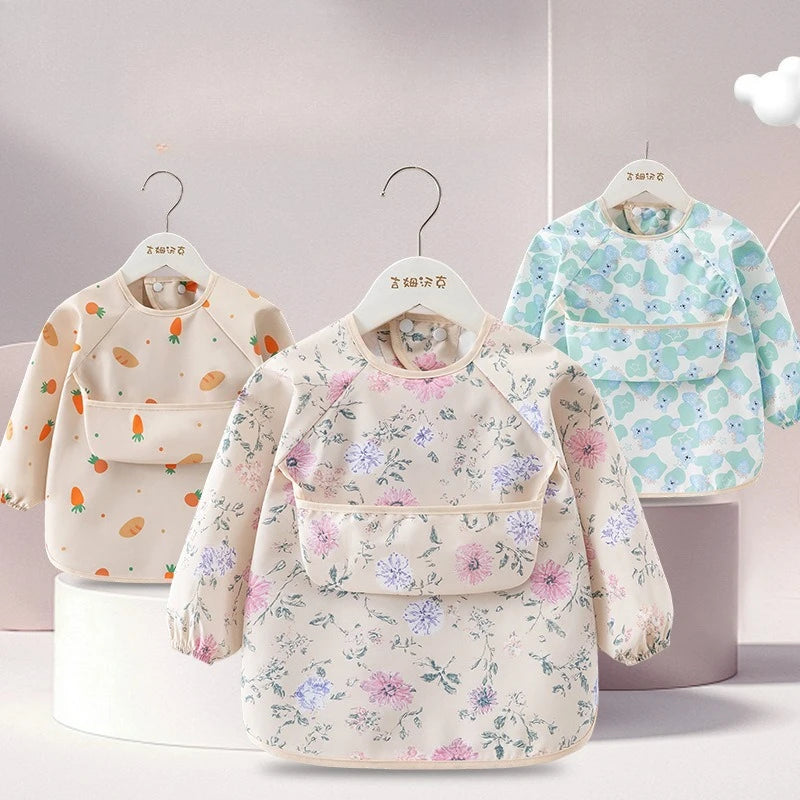 1PC Child Feeding Bib Waterproof Long Sleeve Apron Rice Pocket Feeding Blouse Toddler Bibs Children's Summer Thin Feeding Smock