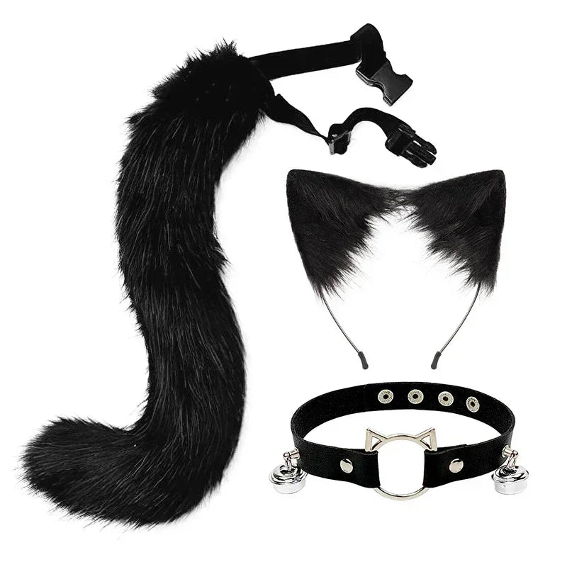 FluffyAnime Animal Fur Fox Tail Cat Paws Gloves and Ears Headwear Face Mask Cosplay Costume  Set Halloween Party Accessorie