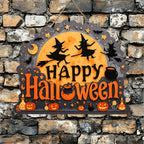 Black Cat Shaped Happy Halloween Wooden Hanging Sign Pumpkin Bat Spider Castle Print Front Door Plaque for Halloween Porch Decor