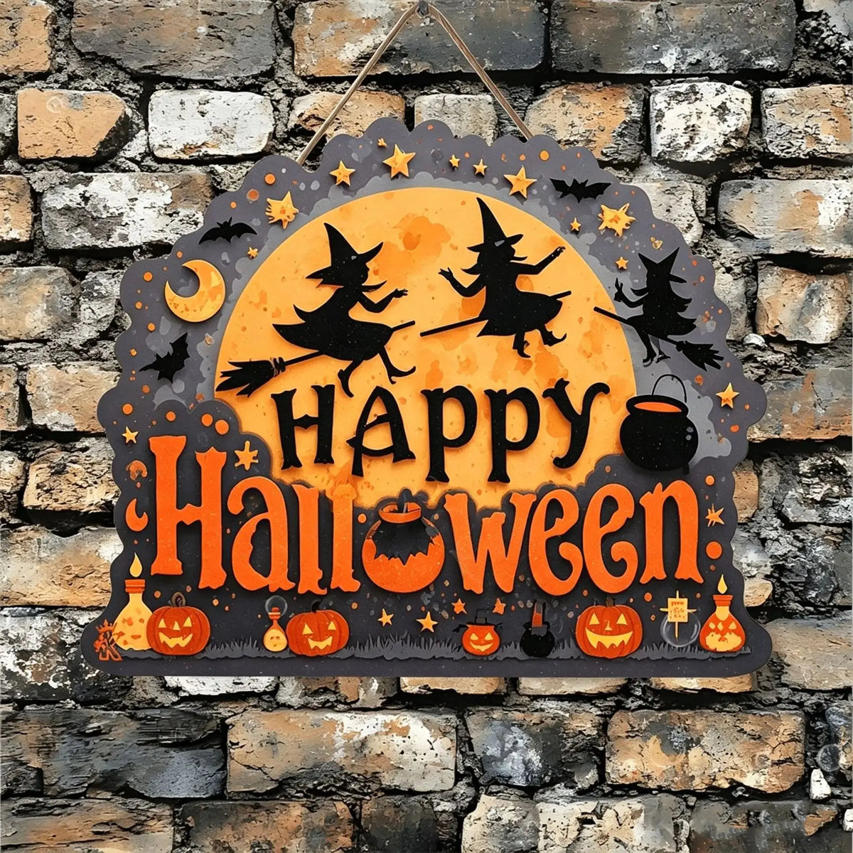 Black Cat Shaped Happy Halloween Wooden Hanging Sign Pumpkin Bat Spider Castle Print Front Door Plaque for Halloween Porch Decor