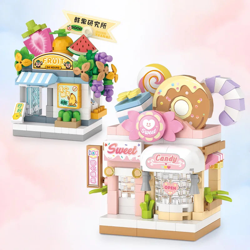 Mini ABS Self-Locking Bricks Street View Blocks Panda Coffee Ice Cream Flower Shop DIY Toy for Kids Girls Birthday Gift