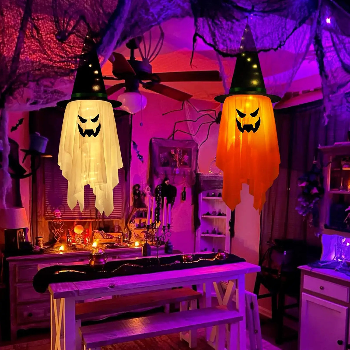 LED Flying Witch Hats Halloween Decorations Hanging Ghost Lights Glowing Wizard Lamp for Bar Party Dress Up