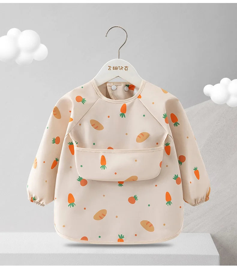 1PC Child Feeding Bib Waterproof Long Sleeve Apron Rice Pocket Feeding Blouse Toddler Bibs Children's Summer Thin Feeding Smock