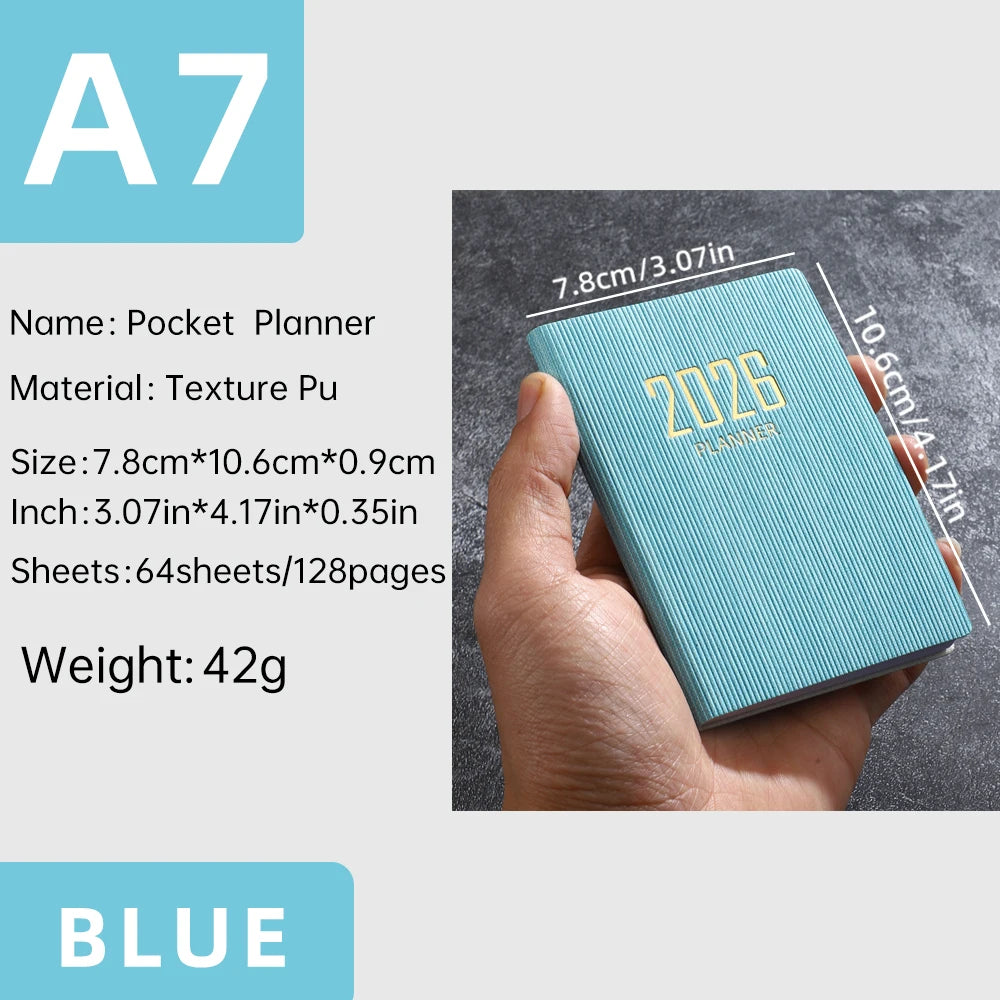 A7 specification 2026 English planner book, mini portable pocket daily schedule book, 64 sheets 128 page thin weekly calendar