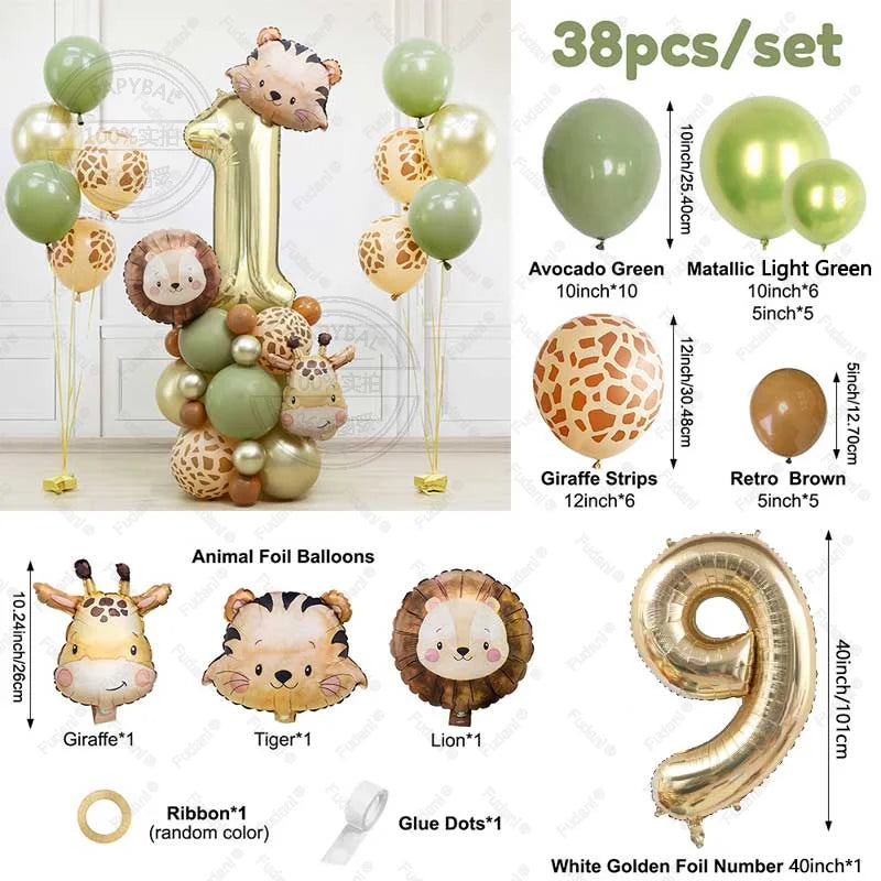 38pcs Wild Animal Balloon Tower with Gold 1-9 Number Balloon for Jungle Safari Birthday Party Decoration Forest Party Supply