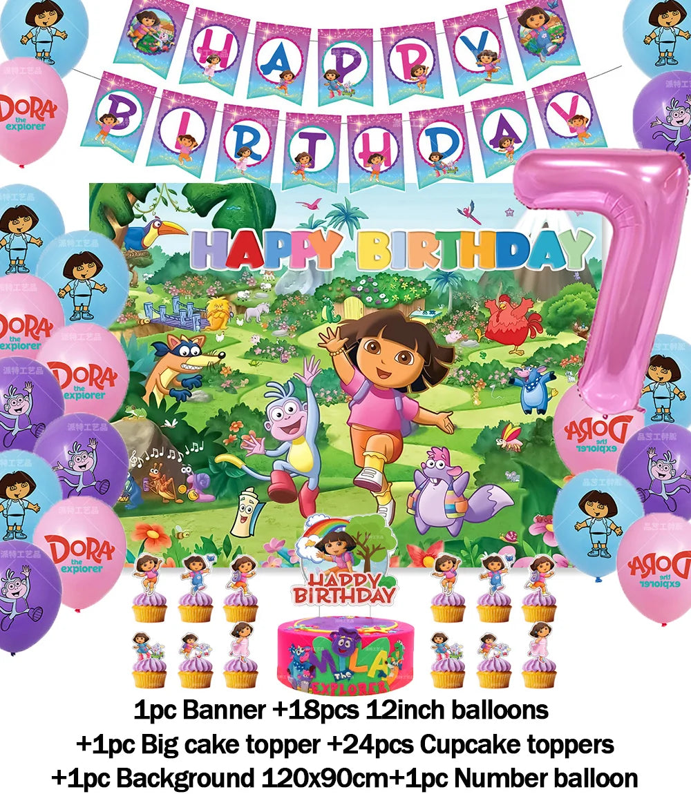 Cartoon-Dora-The-Explorer Theme Kids Birthday Party Digital Balloon Banner Background Cake Topper Decoration Supplies Baby Gifts