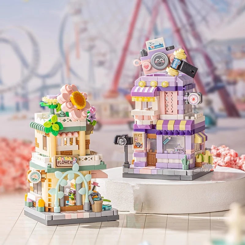 Mini ABS Self-Locking Bricks Street View Blocks Panda Coffee Ice Cream Flower Shop DIY Toy for Kids Girls Birthday Gift
