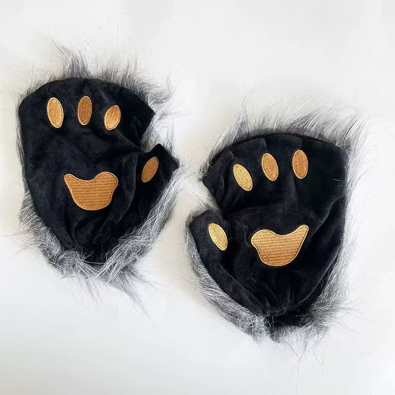FluffyAnime Animal Fur Fox Tail Cat Paws Gloves and Ears Headwear Face Mask Cosplay Costume  Set Halloween Party Accessorie