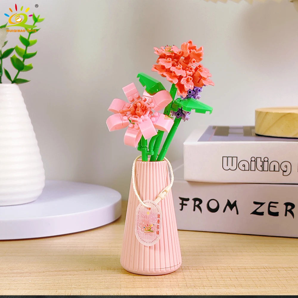 HUIQIBAO MOC Flower with pot Micro Building Block Sunflower Mini Model Bricks set Flowers Toys for Adults home Desk Decoration