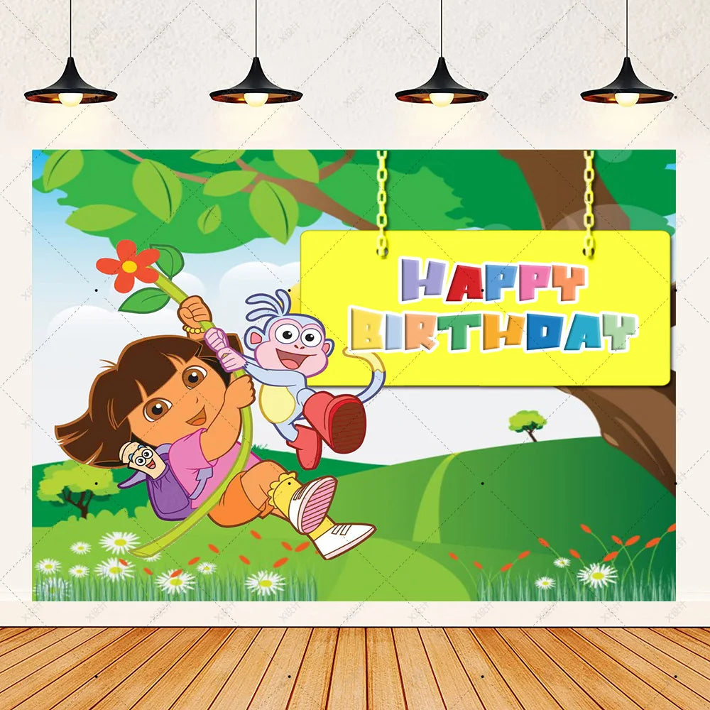 Cartoon-Dora-The-Explorer Theme Kids Birthday Party Digital Balloon Banner Background Cake Topper Decoration Supplies Baby Gifts