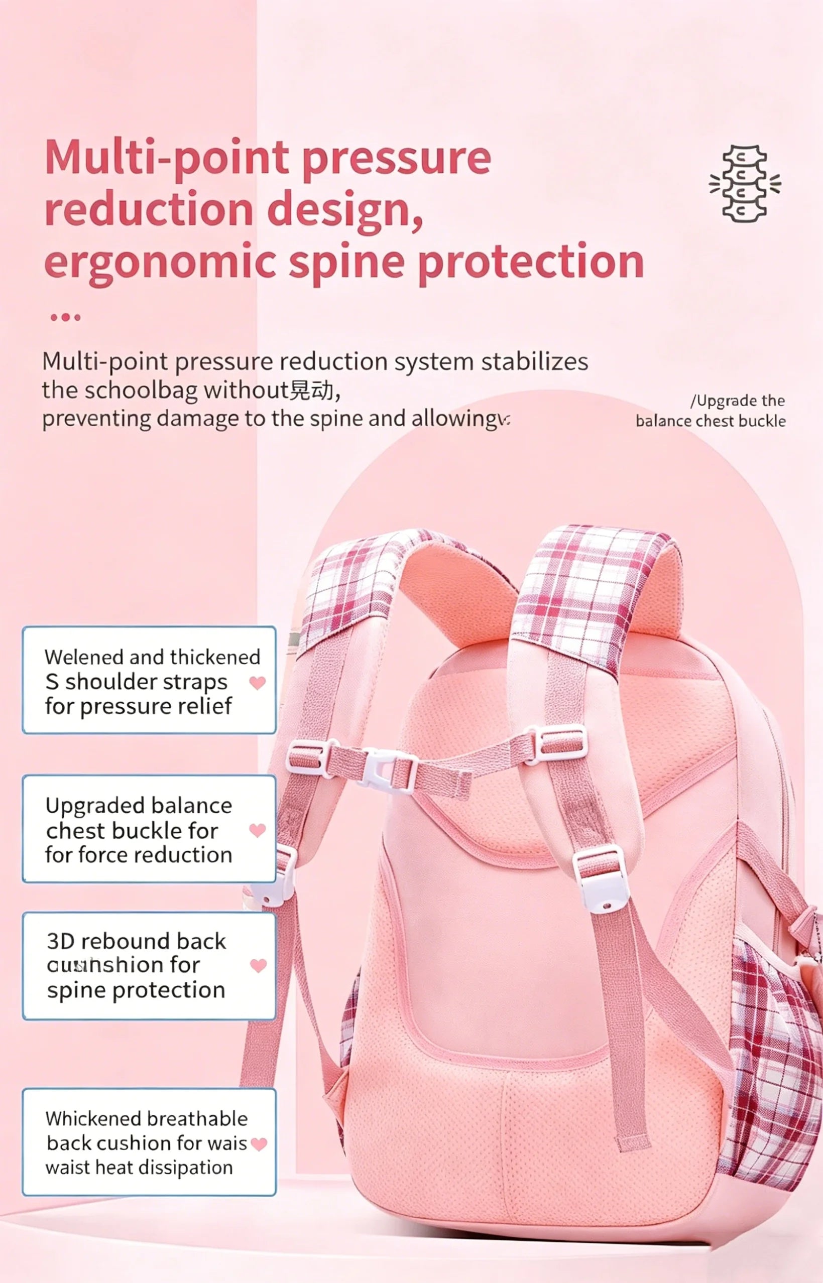 Protecting The Spine Ergonomics Elementary School Students Girls Checkered Backpack Large Capacity Lightweight Waterproof