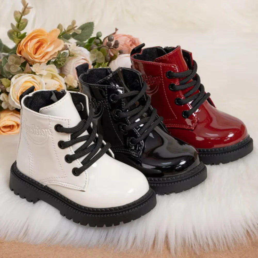 Autumn and Winter Children's Shoes Waterproof PU Leather Children's Boots Fashion Toddler Lace-up Zip High Boots Boys Girls