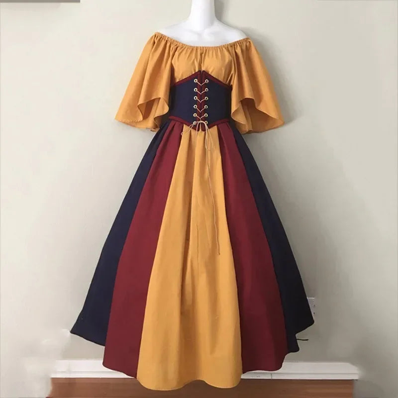 Halloween Costumes for Women Medieval Retro Contrasting Color Slim Swing Dress One-word Shoulder Dress Love Live Cosplay