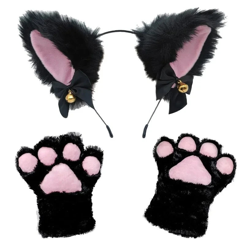 Lolita Cat Ear Paw Gloves Hairband Dance Prom Halloween Cat Ears Headwear Cosplay Cat Ear Anime Party Costume Bell Headwear High