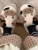 Cow Pattern Plush Slippers Cozy Winter House Shoes for Adults