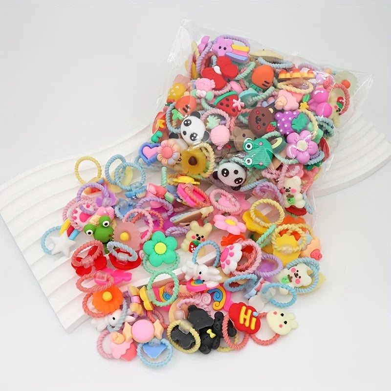 50pcs Cartoon Animal & Fruit Hair Ties - Colorful Woven Headbands for Girls  Polyester Material, All-Season Use Festive Gift