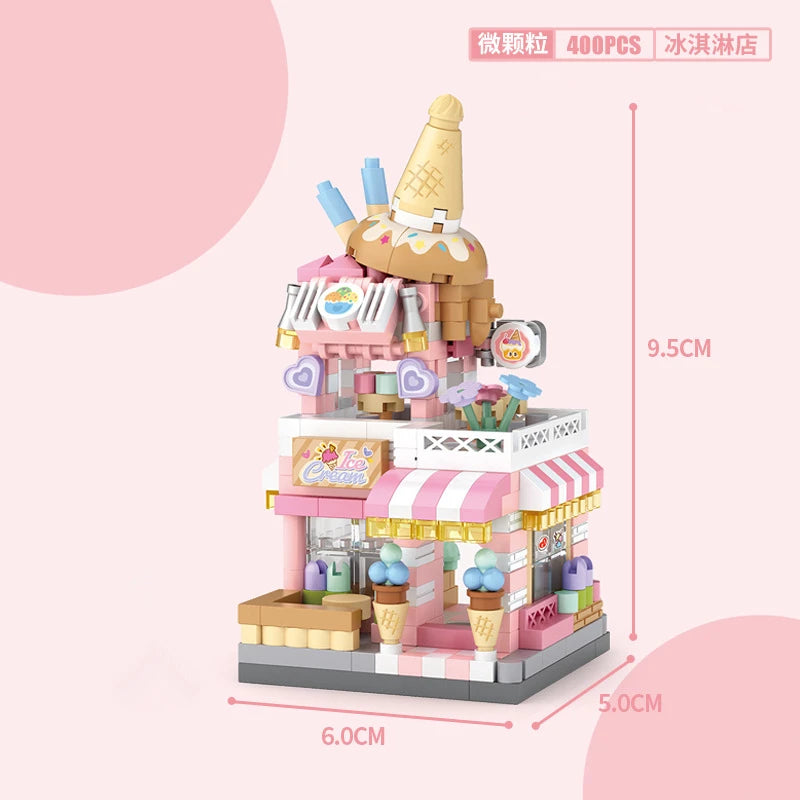 Mini ABS Self-Locking Bricks Street View Blocks Panda Coffee Ice Cream Flower Shop DIY Toy for Kids Girls Birthday Gift