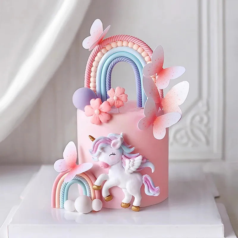 Pink Unicorn Birthday Cake Decorations Rainbow Unicorn Butterfly Cake Toppers Girls Happy Unicornio Birthday Party Cake Decors