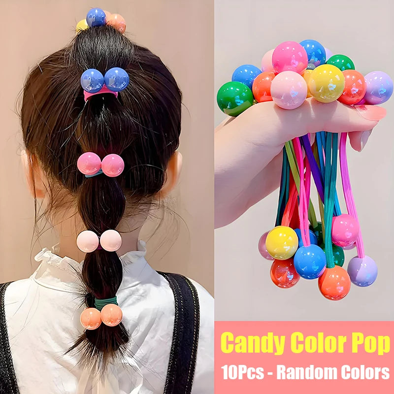 Candy Color Ball Hair Ties for Girls Cute Princess Long Elastic Hair Rope Colorful Beaded Ponytail Holders Kids Baby Hair Bands