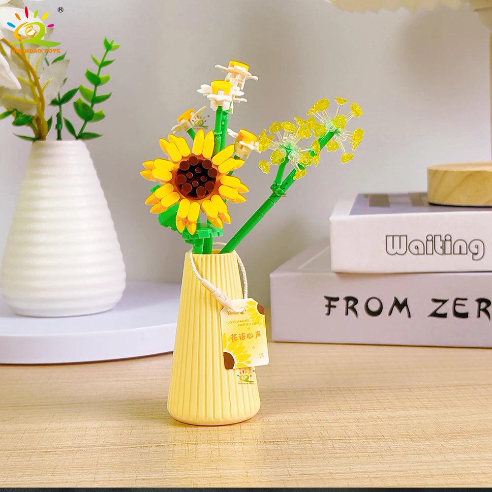 HUIQIBAO MOC Flower with pot Micro Building Block Sunflower Mini Model Bricks set Flowers Toys for Adults home Desk Decoration