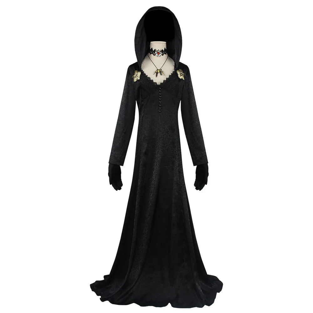 In Stock Moth Lady Evil Cosplay Fantasia Village Vampire Lady Dimitrescu Costume Women Black Dress Halloween Carnival Party Suit