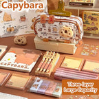 INS Capybara Four-layer Large Capacity Pen Bag Cute Cartoon Pencil Case Stationery Organizer Storage Bag For Students Gift