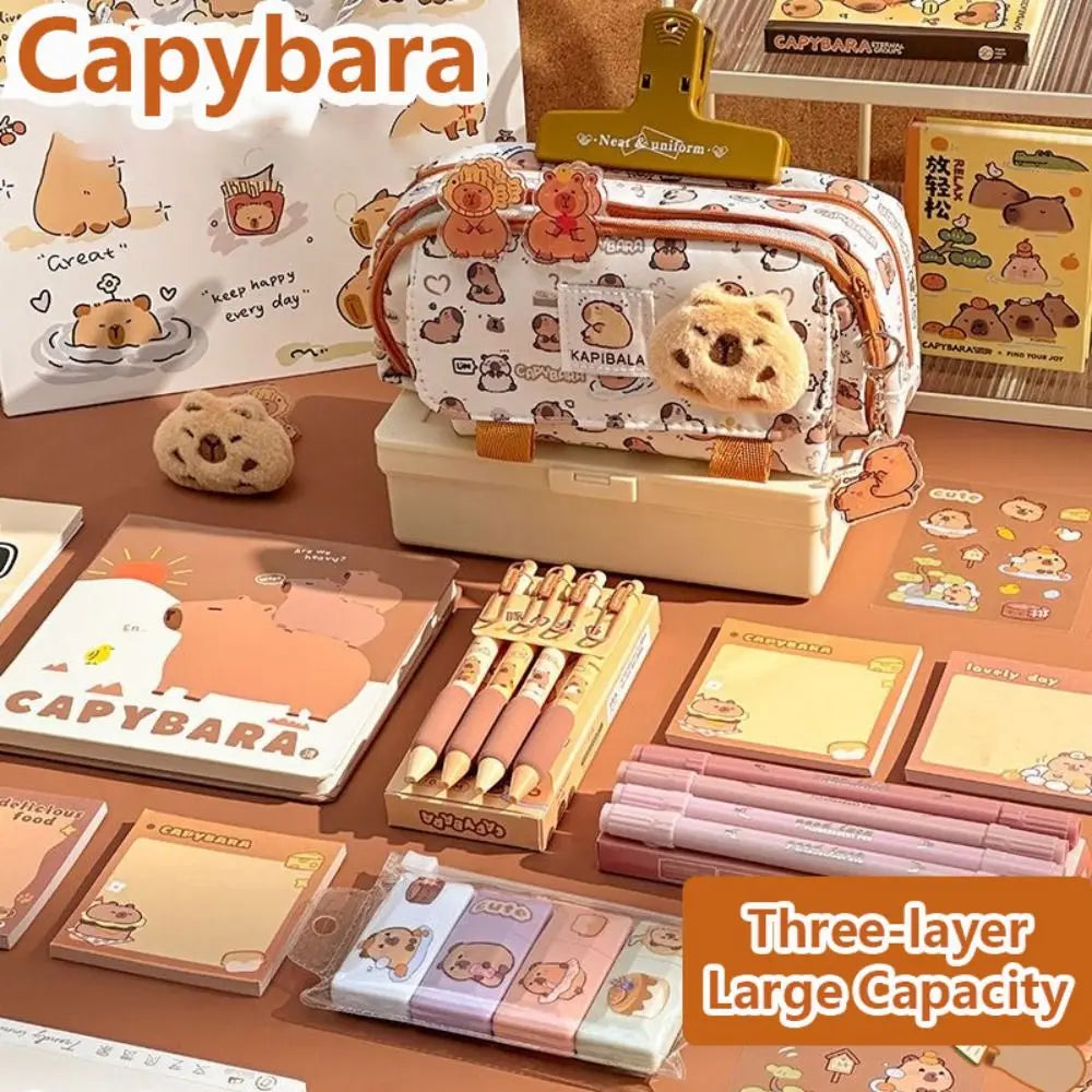 INS Capybara Four-layer Large Capacity Pen Bag Cute Cartoon Pencil Case Stationery Organizer Storage Bag For Students Gift