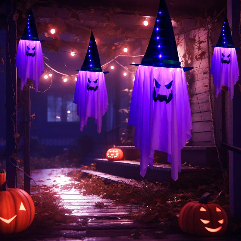 LED Flying Witch Hats Halloween Decorations Hanging Ghost Lights Glowing Wizard Lamp for Bar Party Dress Up
