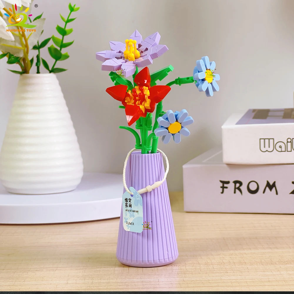 HUIQIBAO MOC Flower with pot Micro Building Block Sunflower Mini Model Bricks set Flowers Toys for Adults home Desk Decoration