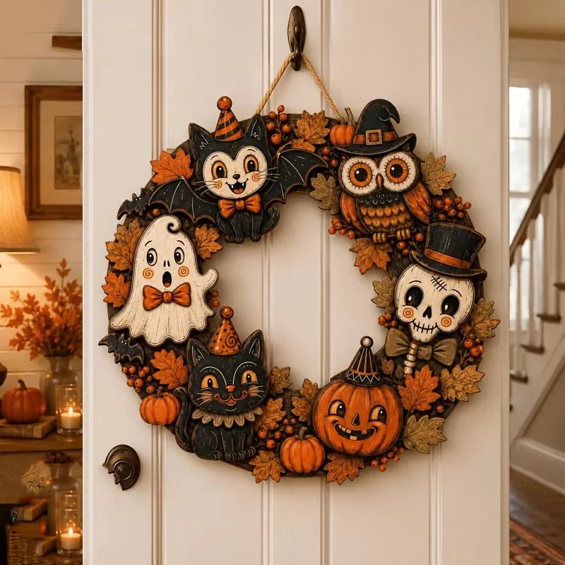 Black Cat Shaped Happy Halloween Wooden Hanging Sign Pumpkin Bat Spider Castle Print Front Door Plaque for Halloween Porch Decor