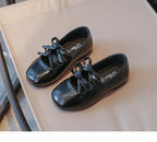 Kids Square Dance Performance Shoes Black Solid Color Girls Princess Shoe with Double Bow 2024 New Girls Leather Shoes Soft Sole