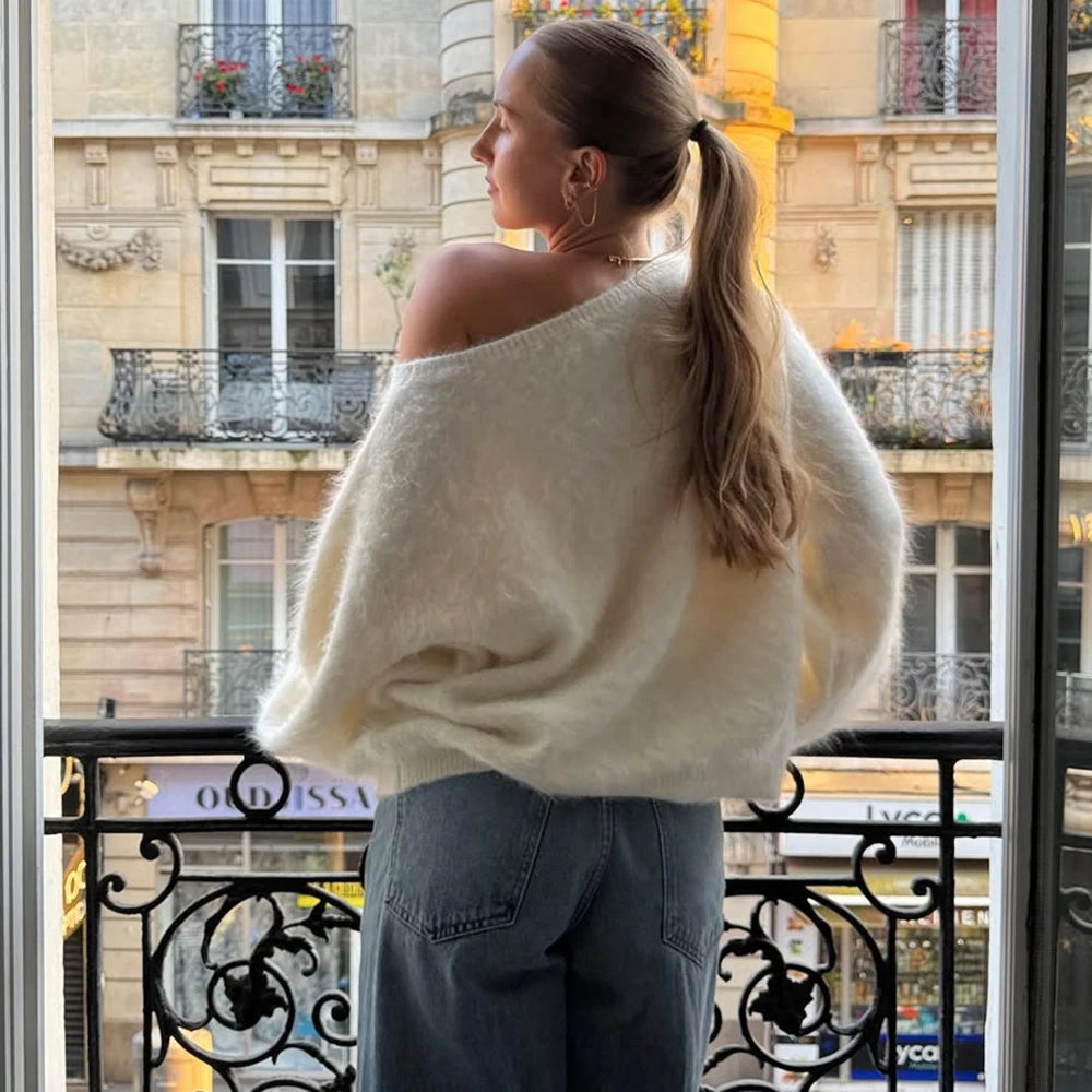 Talenza Women's Plush Pullover Fashion Solid Loose High Street Sweaters Vintage Chic Strapless Autumn Casual Female Pullovers