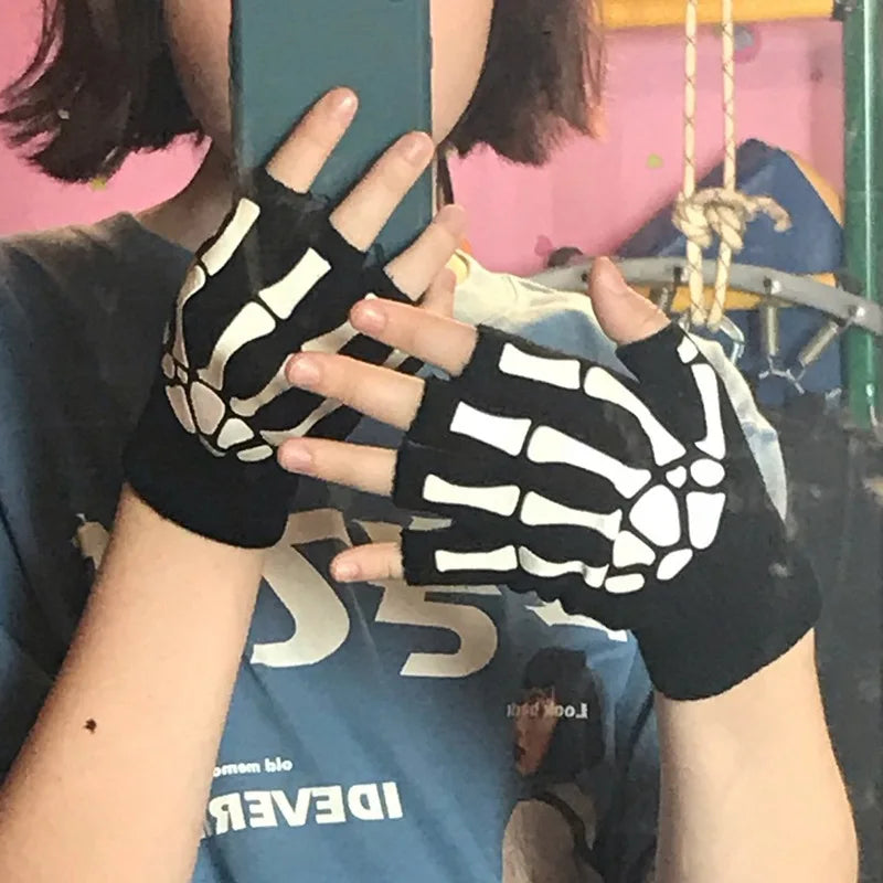 New Punk Gloves Unisex Halloween Skeleton Skull Half Finger Gloves Glow In The Dark Fingerless Stretch Knitted Winter Mittens